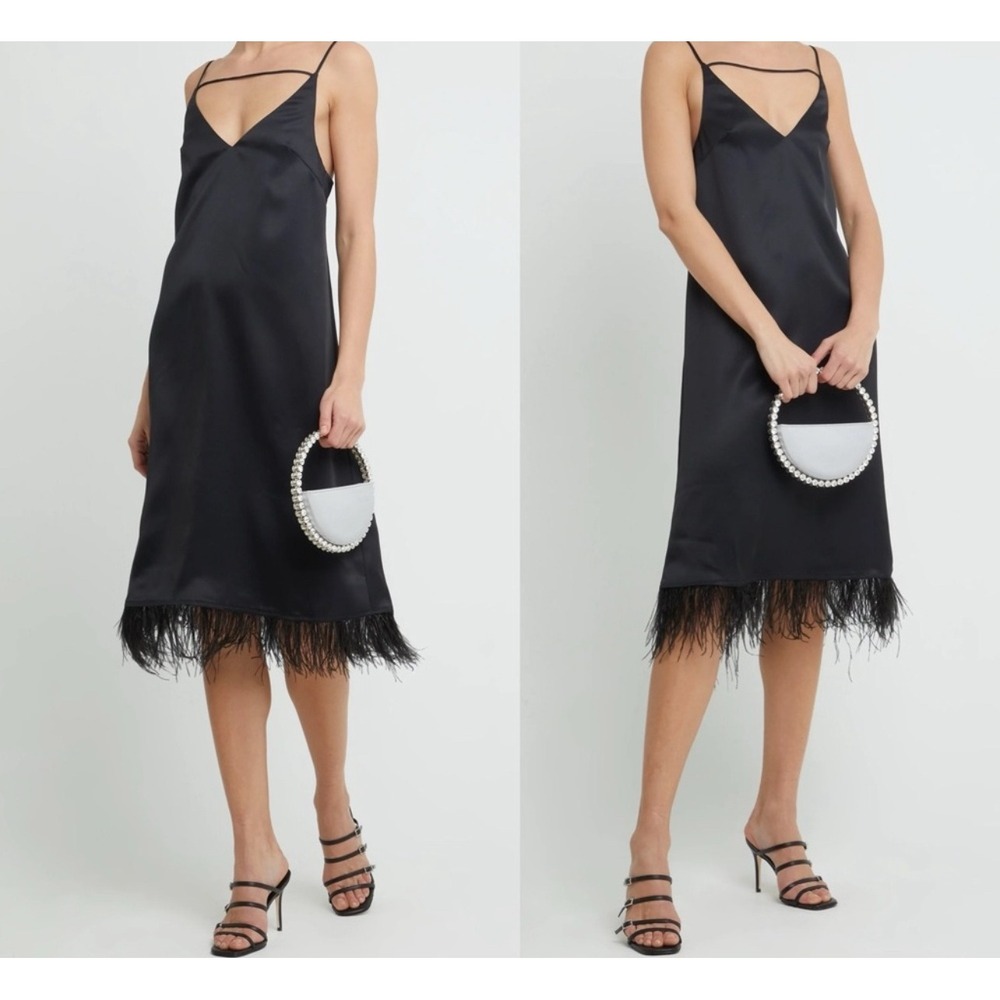 O.P.T. Kailah Black Feather Slip Satin Midi Dress Size‎ L New With Tags